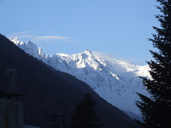 Mont Blanc and the Aiguille du Midi from Argentiere in the Chamonix valley.