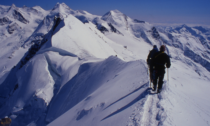 On the summit ridge of the Breithorn, the easiest 4000m peak in the Monte Rosa group