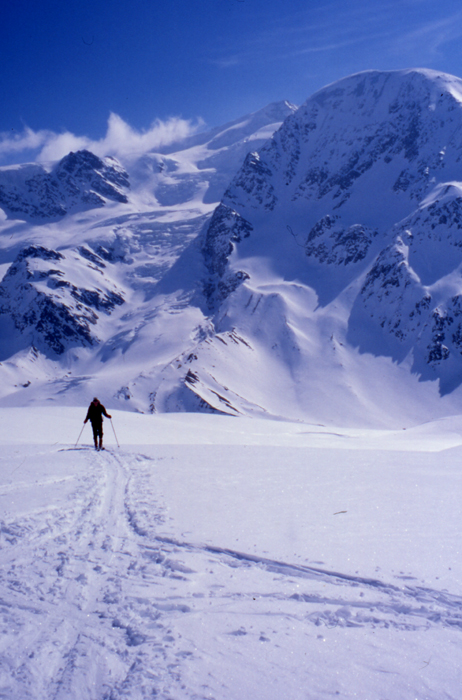 Skinning up Pizzo Tresero. Cevedale is the peak in the background