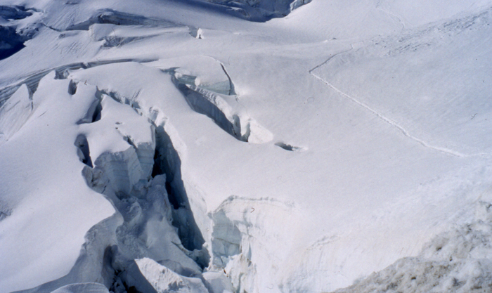 The trail on the heavily crevassed Glacier des Violettess, Mt. Pelvoux