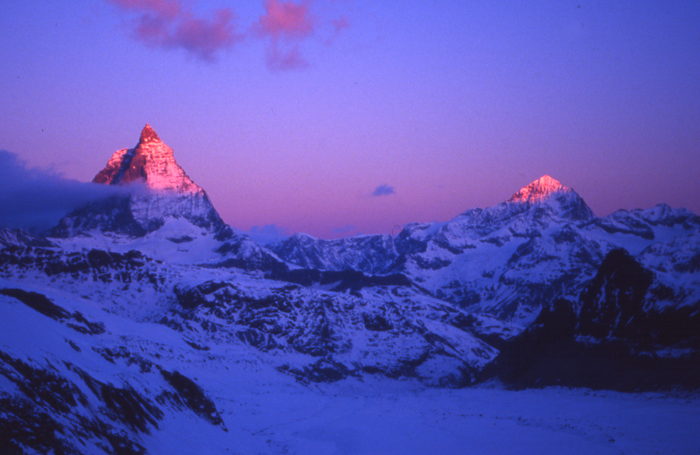 Sunrise over the Matterhorn and Dent Blanche from the Monte Rosa Hutte.