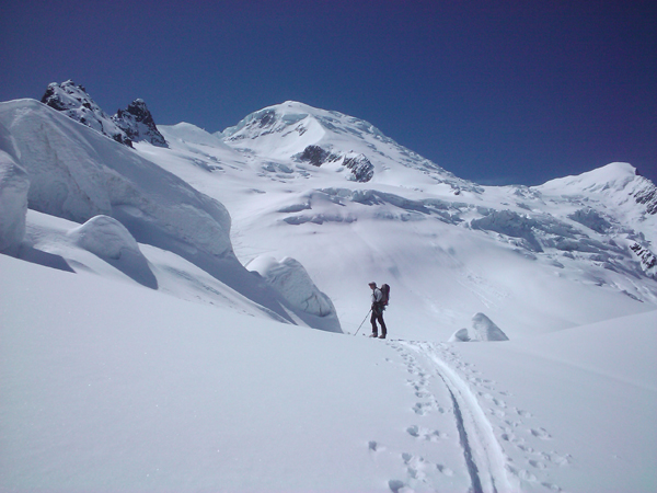 Skinning up towards the Gran Mulets refuge, Mont Blanc,  in hot conditions in May 2010.