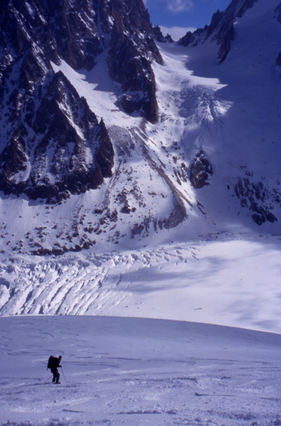 Ski descent from the top of the Grands Montets to the Argentiere glacier,