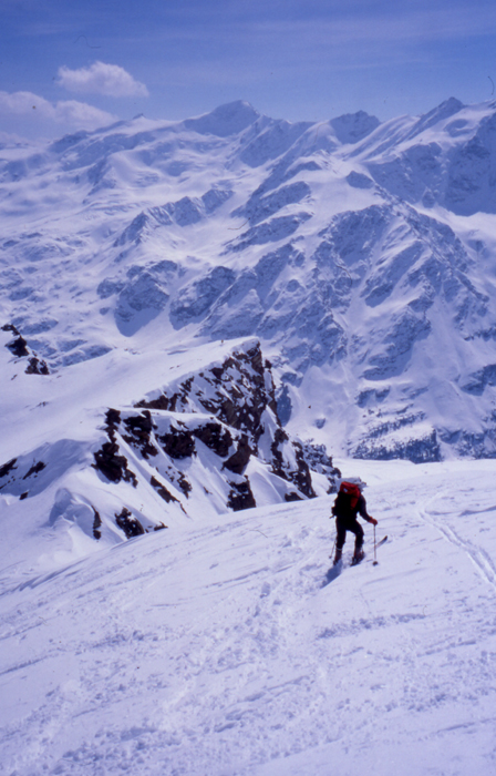 Skiing off the summit of Cima dei Forni 