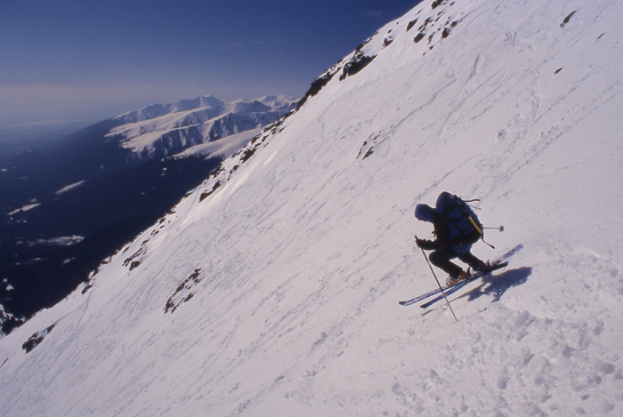 Steep skiing on the south face of Krivan, Slovakia