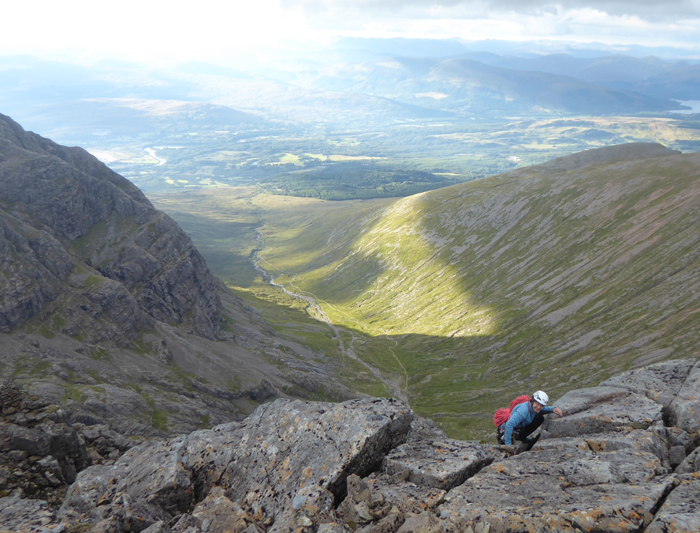 The top of the Long Climb, Linda making the final quite tricky move onto the plateau fo Ben Nevis. 