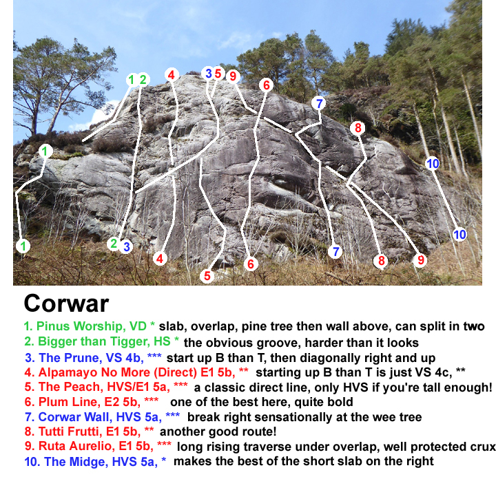 Route topo for climbs at Corwar Crag, Newton Stewart