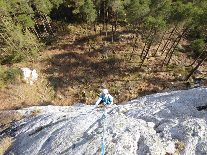 Rock climbing at Corwar Crag, Galloway Forest Park.  