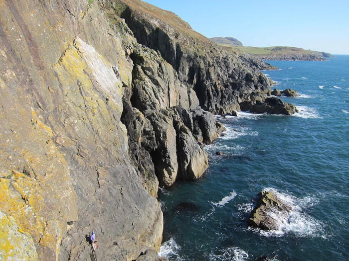 Climbing on the sea cliffs at Laggantalluch Head,, near the Mull fo Galloway. 