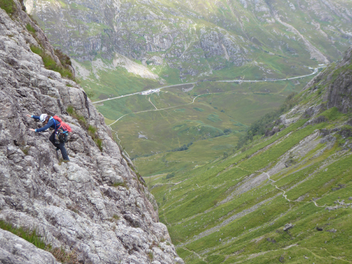 On the descent route above Weeping Wall after climbing The Long Crack in Glencoe. 