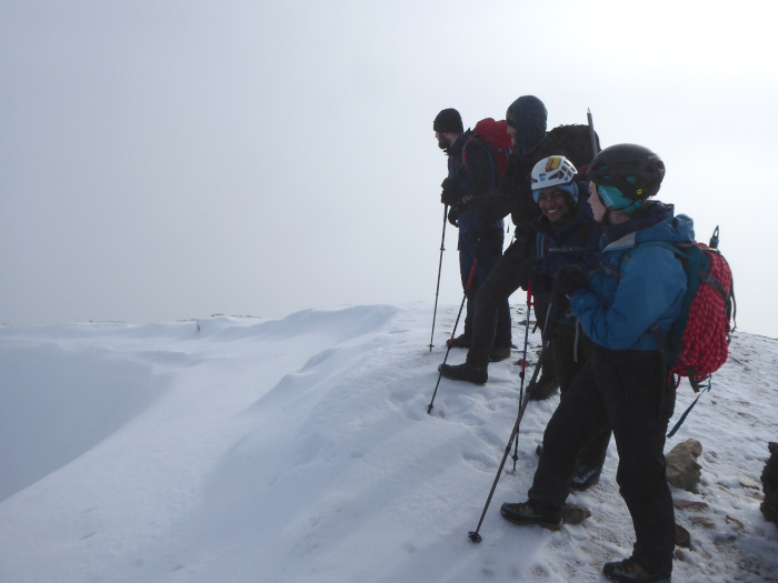 My four winter mountaineering students on the summit of Sgor Dhearg, Bheinn Bheithir, after an ascent of Schoolhouse Ridge. 