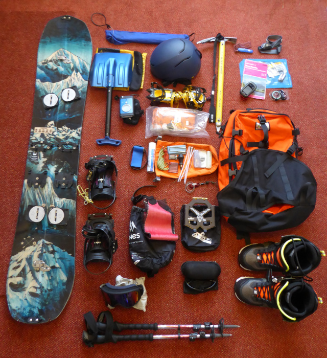The equipment I will typically take out on a day of splitboarding in Scotland.