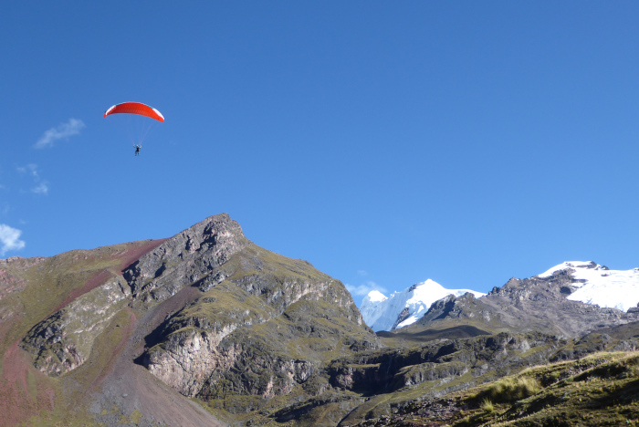Louis flying past Ausangate and Mariposa, on the recent ANDES Peru Ski Explorer expedition. 