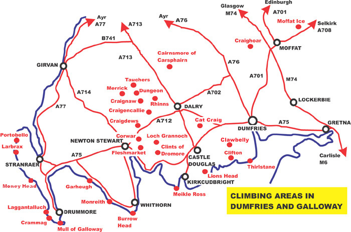 Map of Dumfries and Galloway showing rock and ice climbing areas