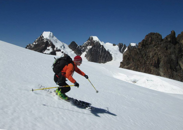 David Roberts skiing at 5200m on Culin Thojo, Cordillera Real , Bolivia.