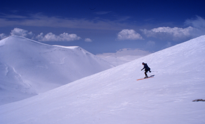 Skiing off the summit of Azdhaak, 3609m, Armenia
