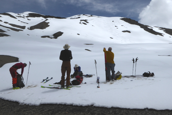 Looking back at our tracks after our first ski of the day on Huayruro Punco.  